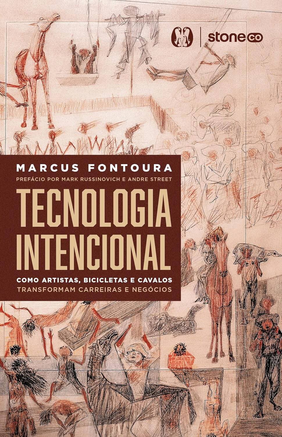 Capa do livro Tecnologia Intencional, de Marcus Fontoura, em tons de marrom com desenho de Candido Portinari no fundo